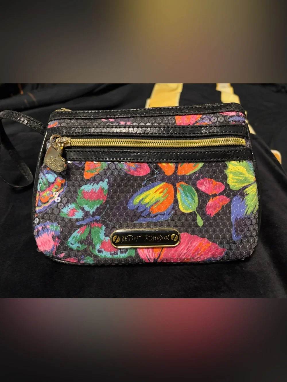 Betsey Johnson Black Multi Floral Sequin Wristlet